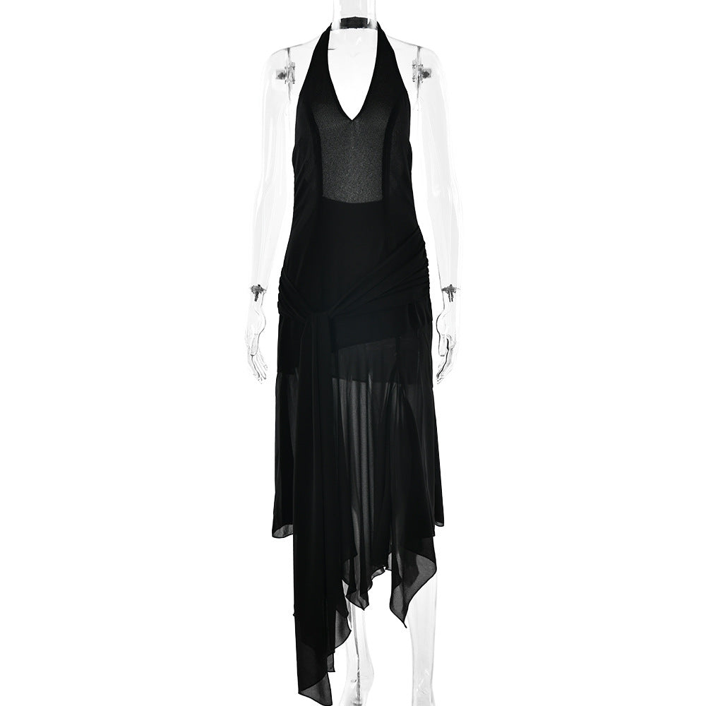 Robe d'été licou en mousseline transparente sexy décolleté plongeant en V avec ruban