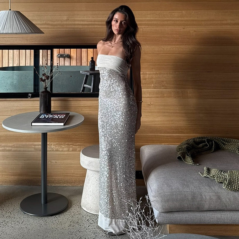 Robe moulante à paillettes, coupe longue et fine, de couleur unie, pour femme, style bandeau élégant