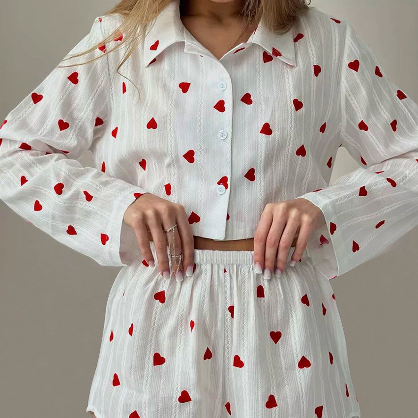 Frühling Reine Baumwolle Jacquard Schlafanzug Zweiteiler Herz-Druck Langarm Shorts Damen Homewear
