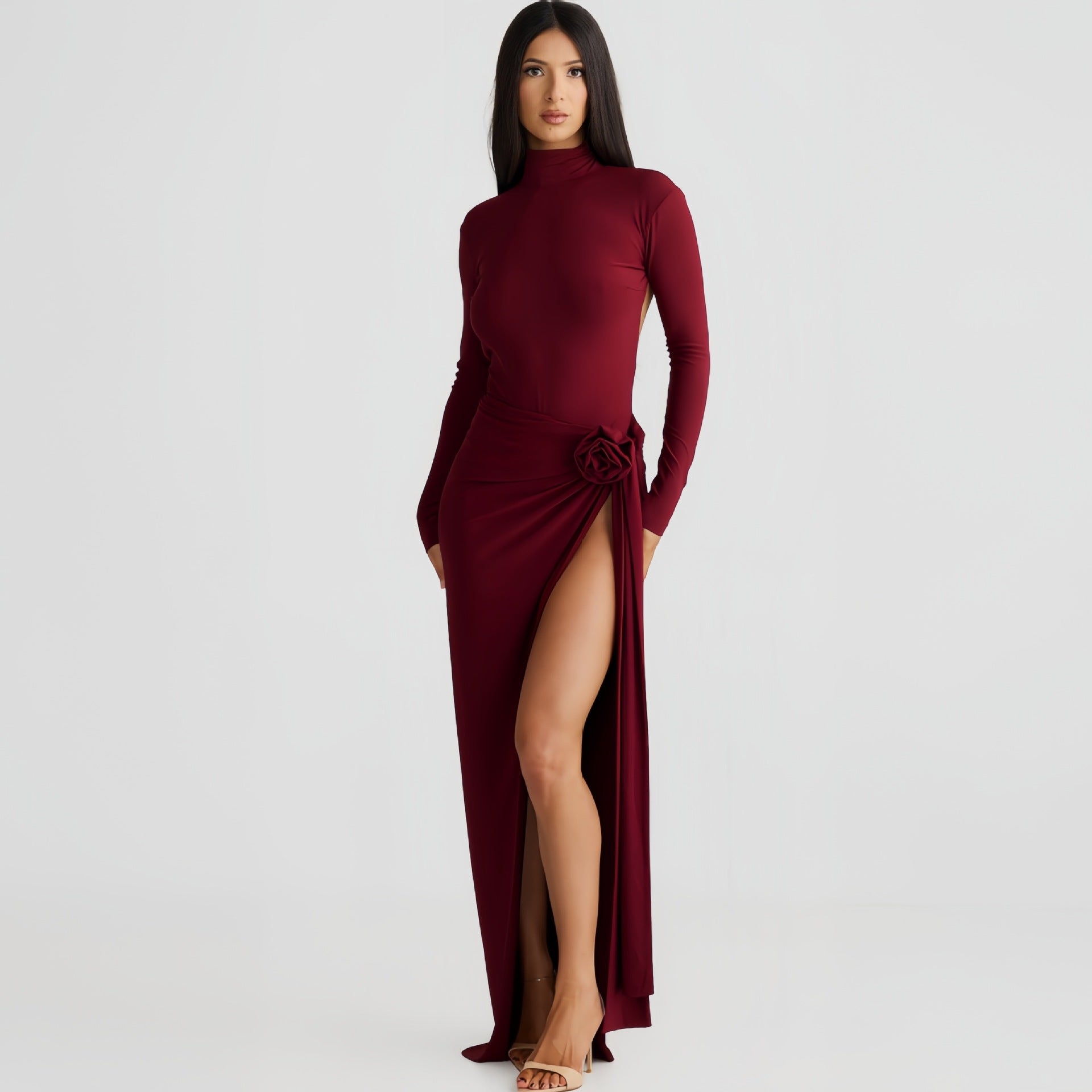 Combinaison Femme Automne Col Haut Dos Nu Manches Longues Robe Longue Sexy Fendue