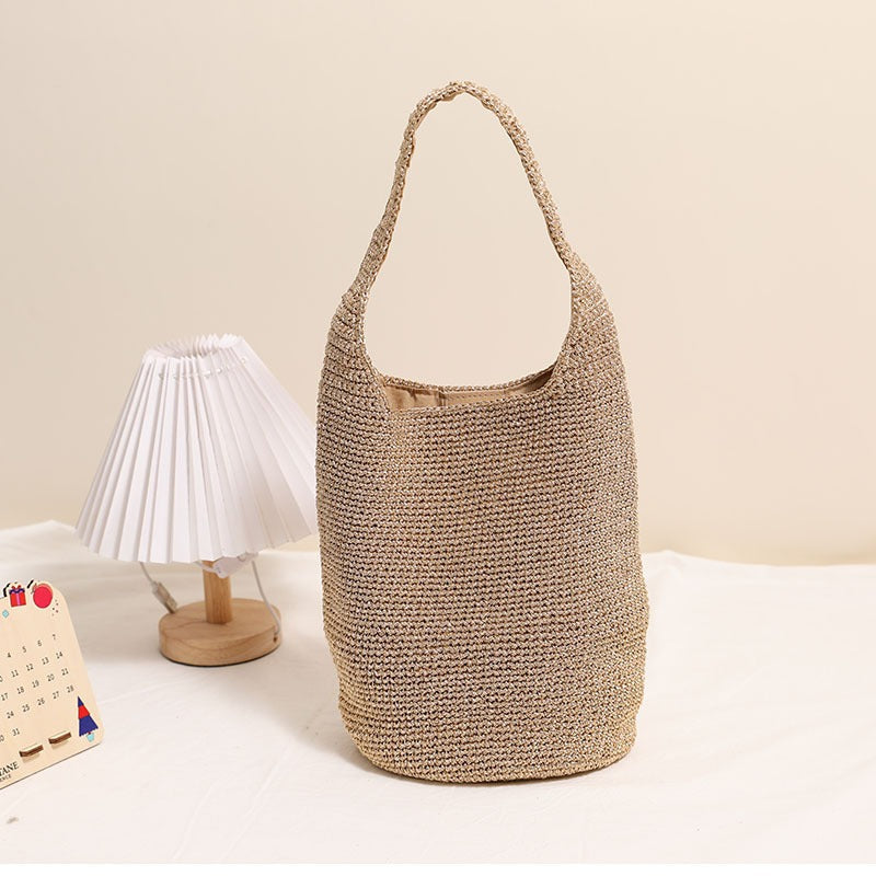 Sac à bandoulière décontracté grande capacité en paille, sac seau portable tissé, sac de plage de vacances, sac pour femme