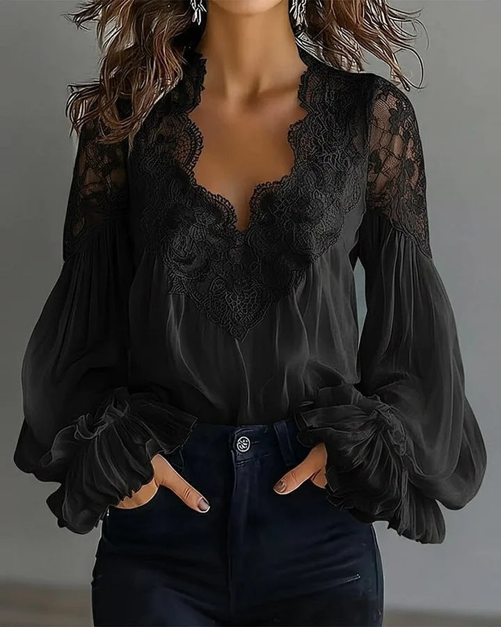 Chemise plissée à manches bouffantes et dentelle pour femme