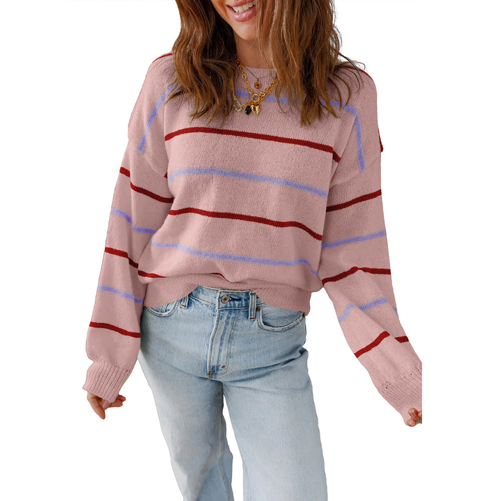 Damen Freizeit Farbiger Gestreifter Pullover Langarm Lockerer Pullover