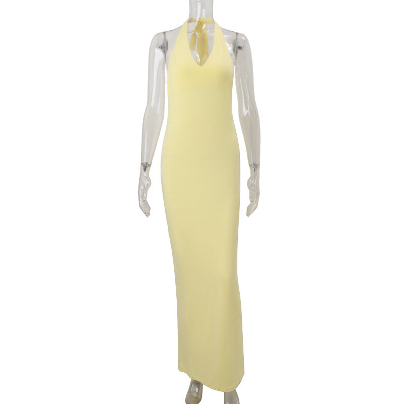Damenbekleidung Sommer Sexy V-Ausschnitt Neckholder Rückenfrei Hohe Taille Schmal Unifarbenes Kleid