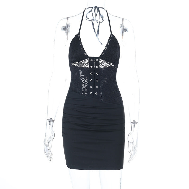 Sexy Spitzen-Trägerkleid Sommer V-Ausschnitt rückenfrei geschnürtes Etuikleid