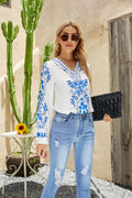 Top-Shirt mit Ethno-Print, V-Ausschnitt, lässiges Langarmshirt für Damen