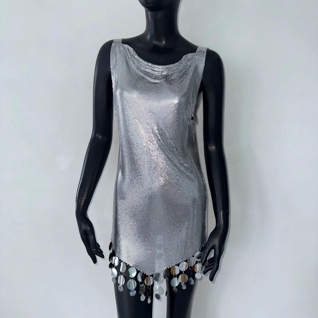 Sexy Pailletten-Nachtclub-Bühnenkostüm Metallnaht-Westenkleid Musikfestival Sexy Kleid