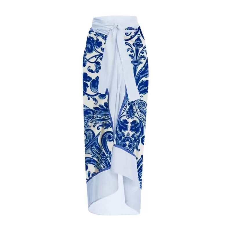 Lonkey Damen Badeanzug Blau Weiß Porzellan Bedruckter dreiteiliger Split-Badeanzug für Damen