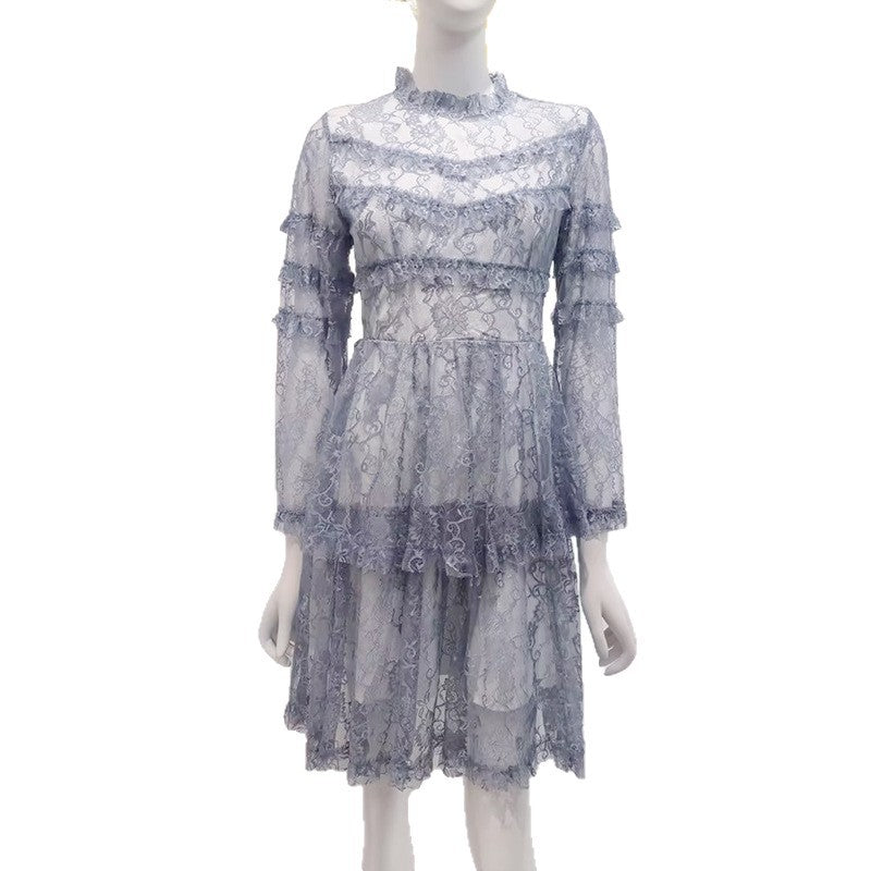 Frühlings elegantes lässiges Stich-Lotusblatt durchsichtig bedruckter Stehkragen hoher Taille Langarmkleid Damen