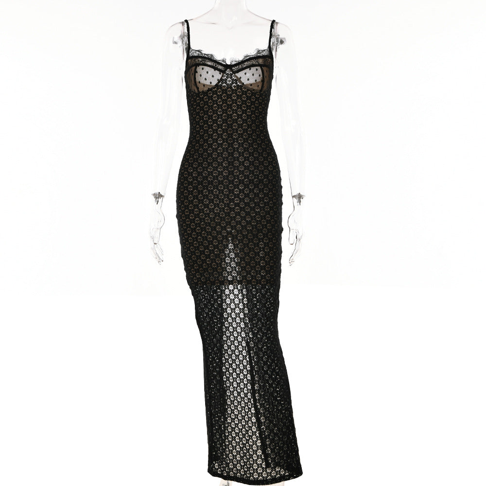 Robe Sexy d'Automne à Bretelles Serrée, Dentelle Dos Nu, Fente et Pois