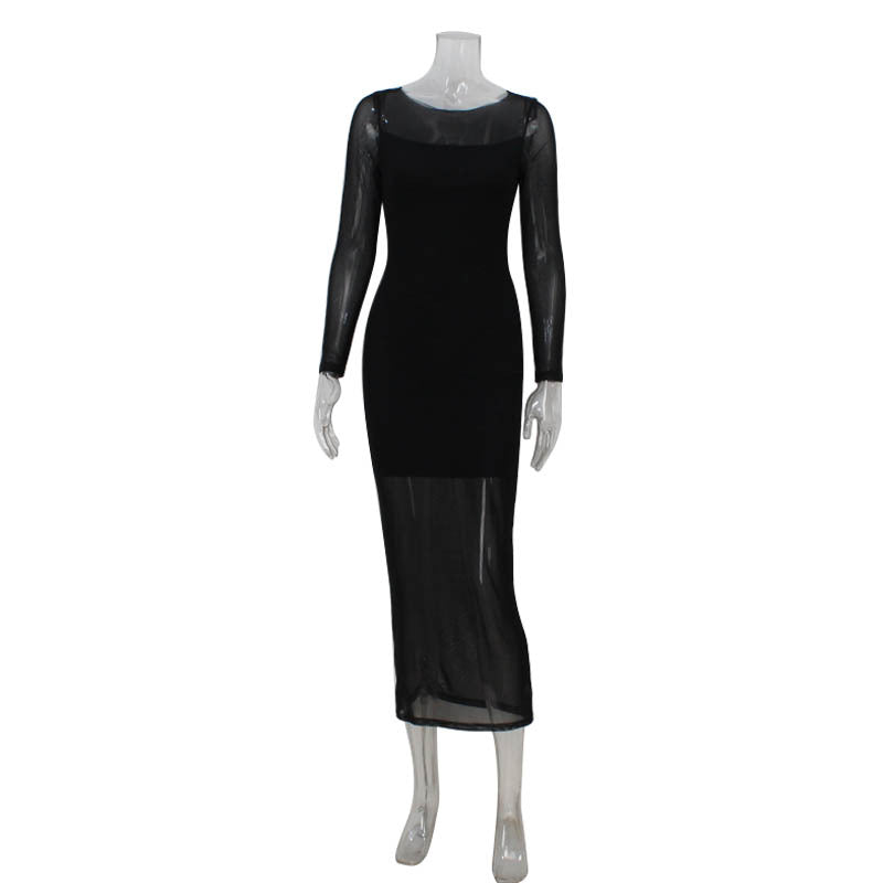 Robe femme col rond manches longues coupe ajustée flatteuse robe de soirée élégante en maille sur le tapis rouge