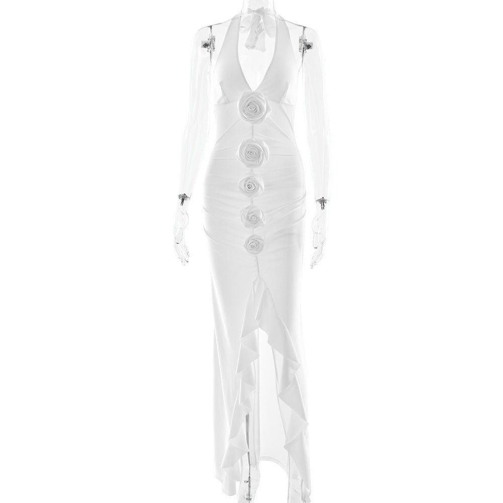 Robe longue sexy pour femme, col licou plongeant, dos nu, motif floral, fente, coupe ajustée, robe de printemps