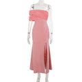 Herbst Socialite Sexy Mesh-Naht schulterfreies Kleid Damen mit Schlitz