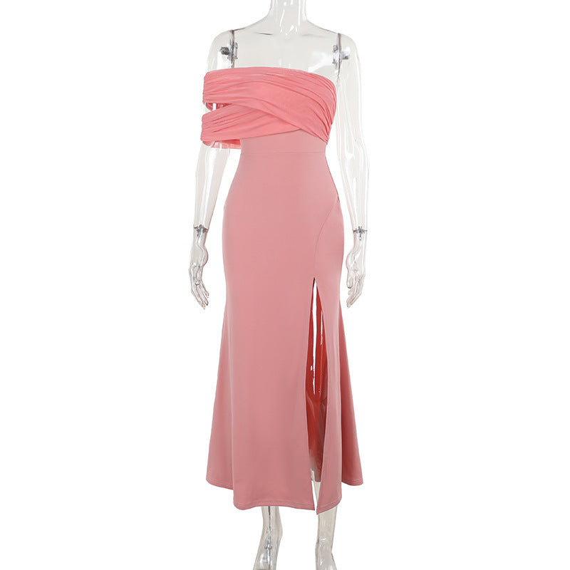 Herbst Socialite Sexy Mesh-Naht schulterfreies Kleid Damen mit Schlitz