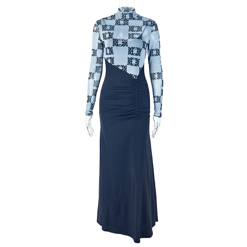 Robe longue plissée femme transparente à col montant et manches longues, effet deux pièces, coupe ajustée, hanches froncées