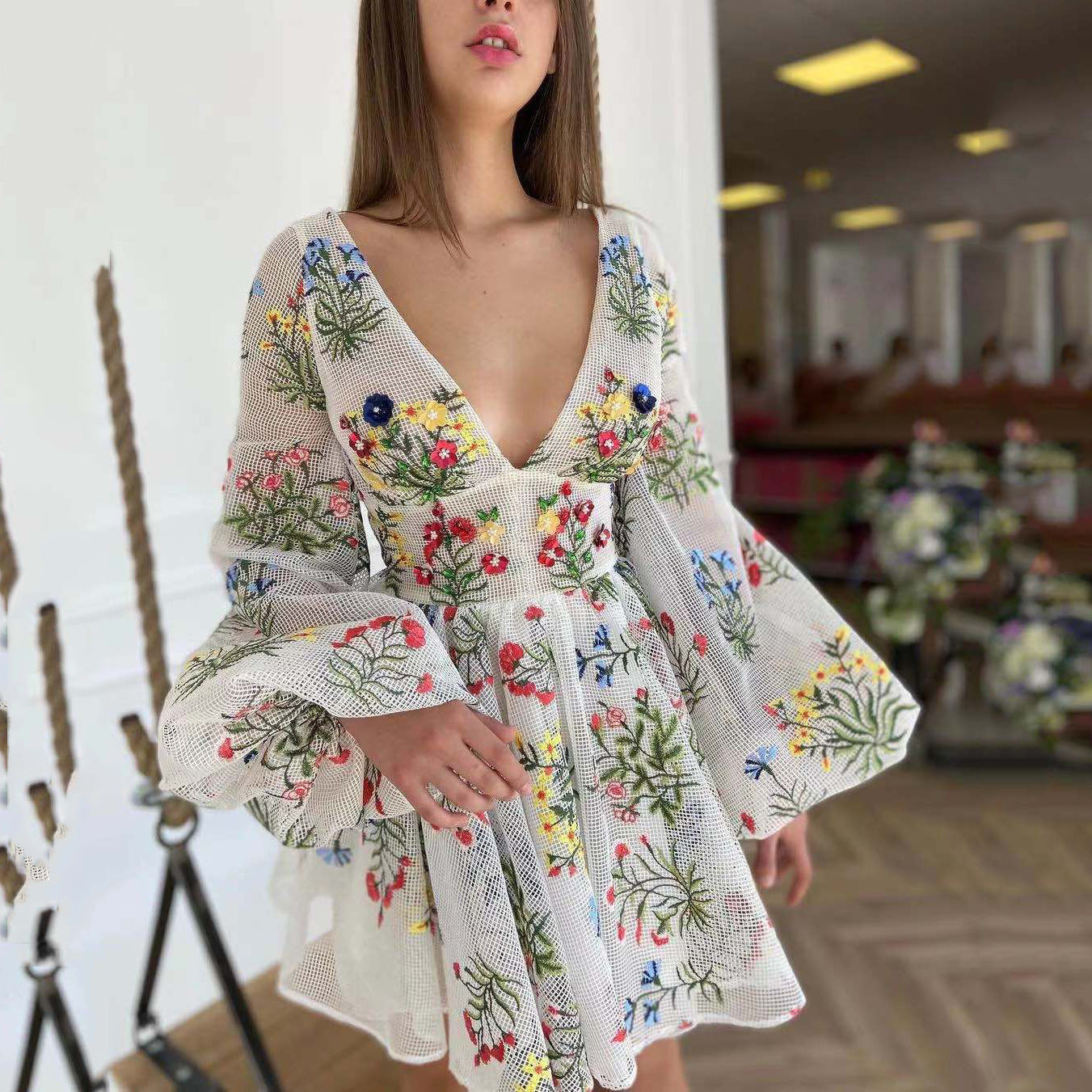 Robe Féerique d'été pour Femme, en Maille Brodée, Manches Lanterne, Robe de Soirée d'Anniversaire