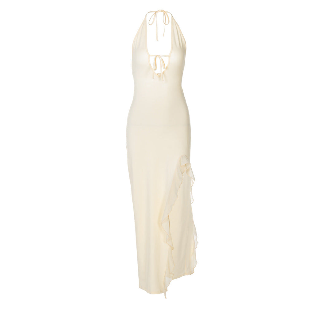 Robe Femme Hiver Volants Sexy Col V Lacets Dos Nu