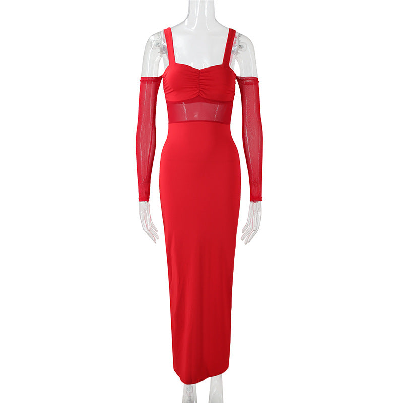 Damenbekleidung Sexy Spaghettiträger Korsett Schmale Mesh-Nähte Kleid mit unabhängigen Ärmeln