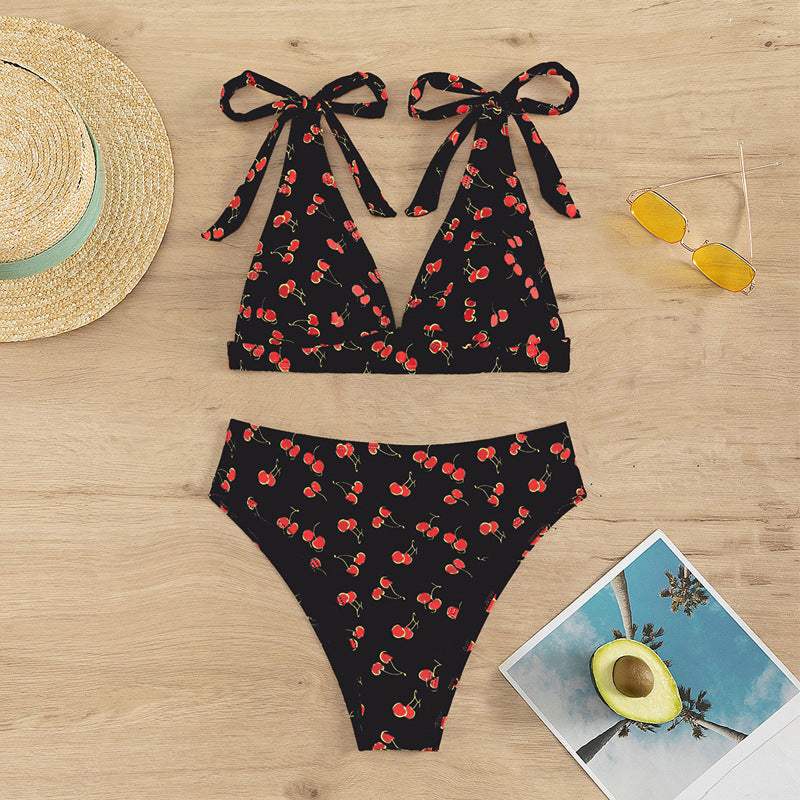 Maillot de bain bikini sexy à taille haute avec nœud et lacets