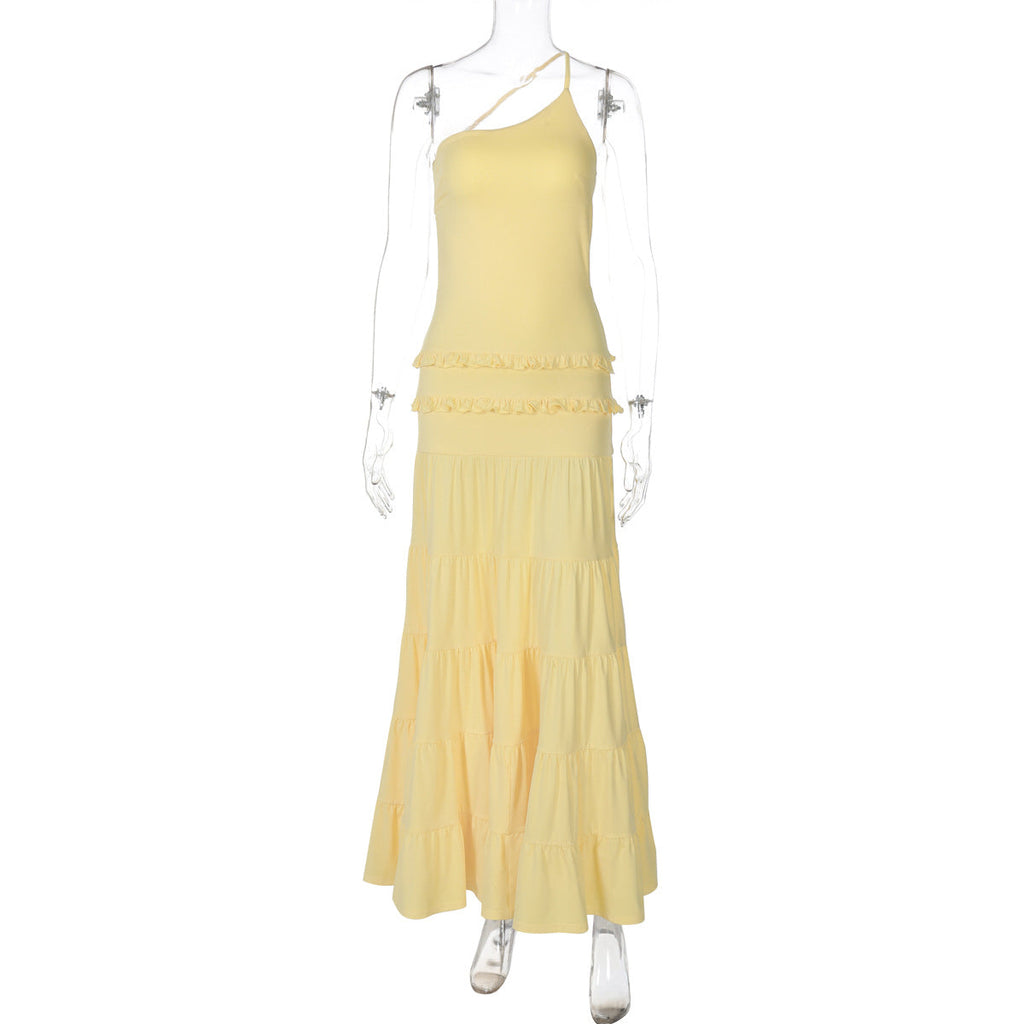 Sexy, ausgeschnittenes, rückenfreies, genähtes, gebundenes, einseitiges, plissiertes, mehrlagiges Maxikleid für Damen