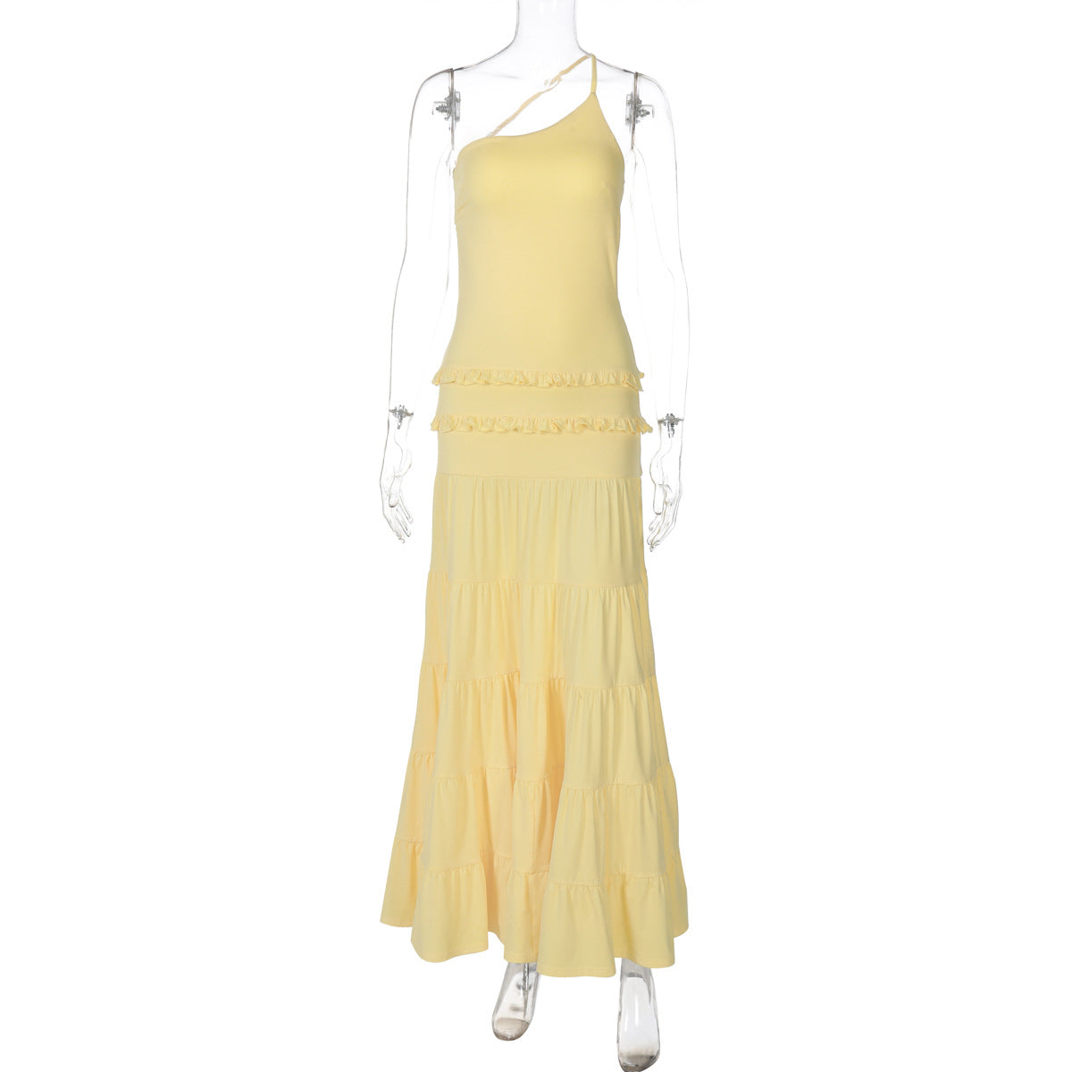 Sexy, ausgeschnittenes, rückenfreies, genähtes, gebundenes, einseitiges, plissiertes, mehrlagiges Maxikleid für Damen