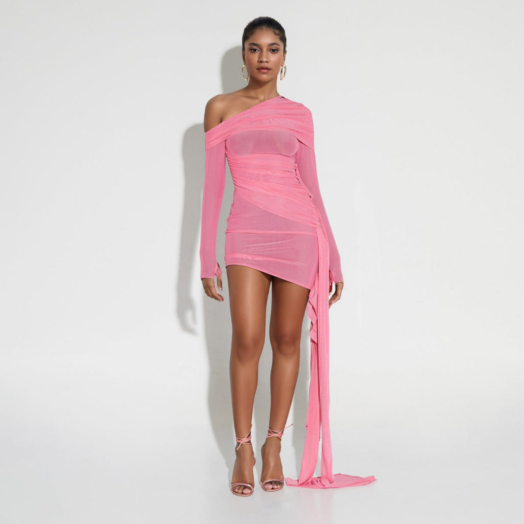 Printemps-Été Robe plissée sexy pour femme, col dénudé, dopamine sexy