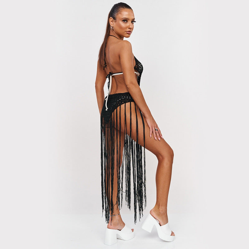 Robe de plage sexy en crochet faite main, une pièce, avec pompons, dos nu, cache-maillot de bain, protection solaire