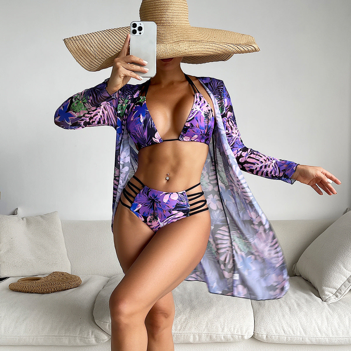 Maillot de Bain Femme Trois Pièces Fendu, Manches Longues, Imprimé, Bikini