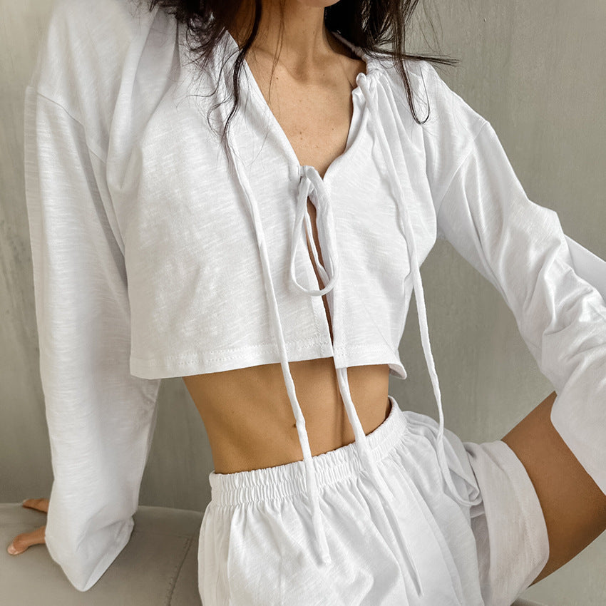 Frühling Weiß Reine Baumwolle Strickjacke Schnürung Damen Homewear Lässig Langarm Shorts Schlafanzug Zweiteiler Set