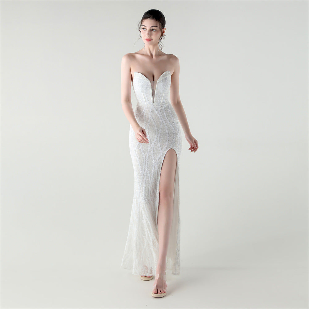 Korsett mit Korsettstäbchen, enge Taille, schwere Industrie-Perlen, herzförmiger Kragen, Pailletten-Abendkleid, luxuriöses Cocktail-Abendkleid