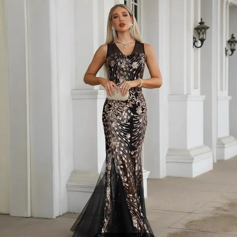 Robe courte sans manches pour femme, robe de soirée sirène en maille à paillettes