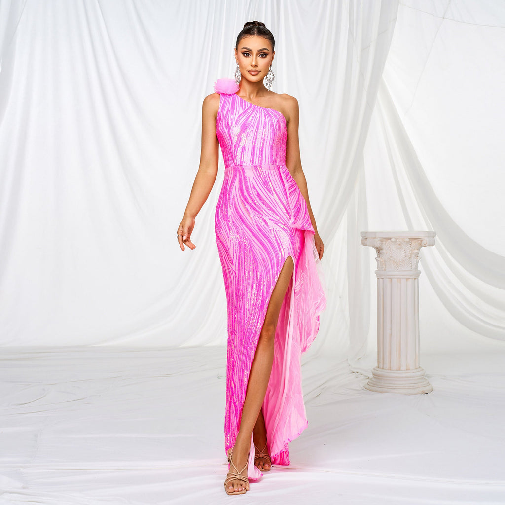 Damenkleid, One-Shoulder, diagonaler Kragen, schmale Passform, Etui, Pailletten, geschlitzt, Cocktail-Abendkleid