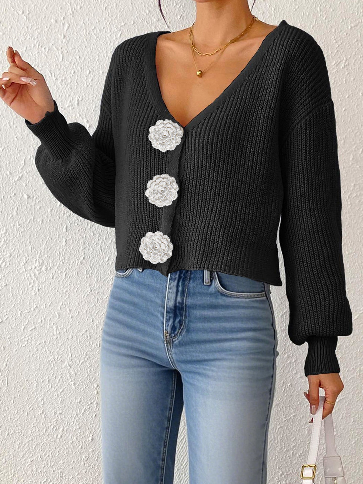 Damen Strickpullover Street Hipster Kurzes Oberteil Handgehäkelt Floral Dekorativer Knopf Cardigan Kurze Jacke