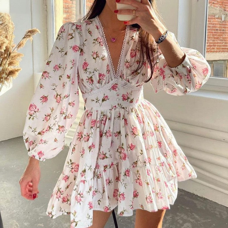 Robe Courte Élégante à Imprimé et Encolure en V avec Dentelle à la Taille pour Femme Printemps