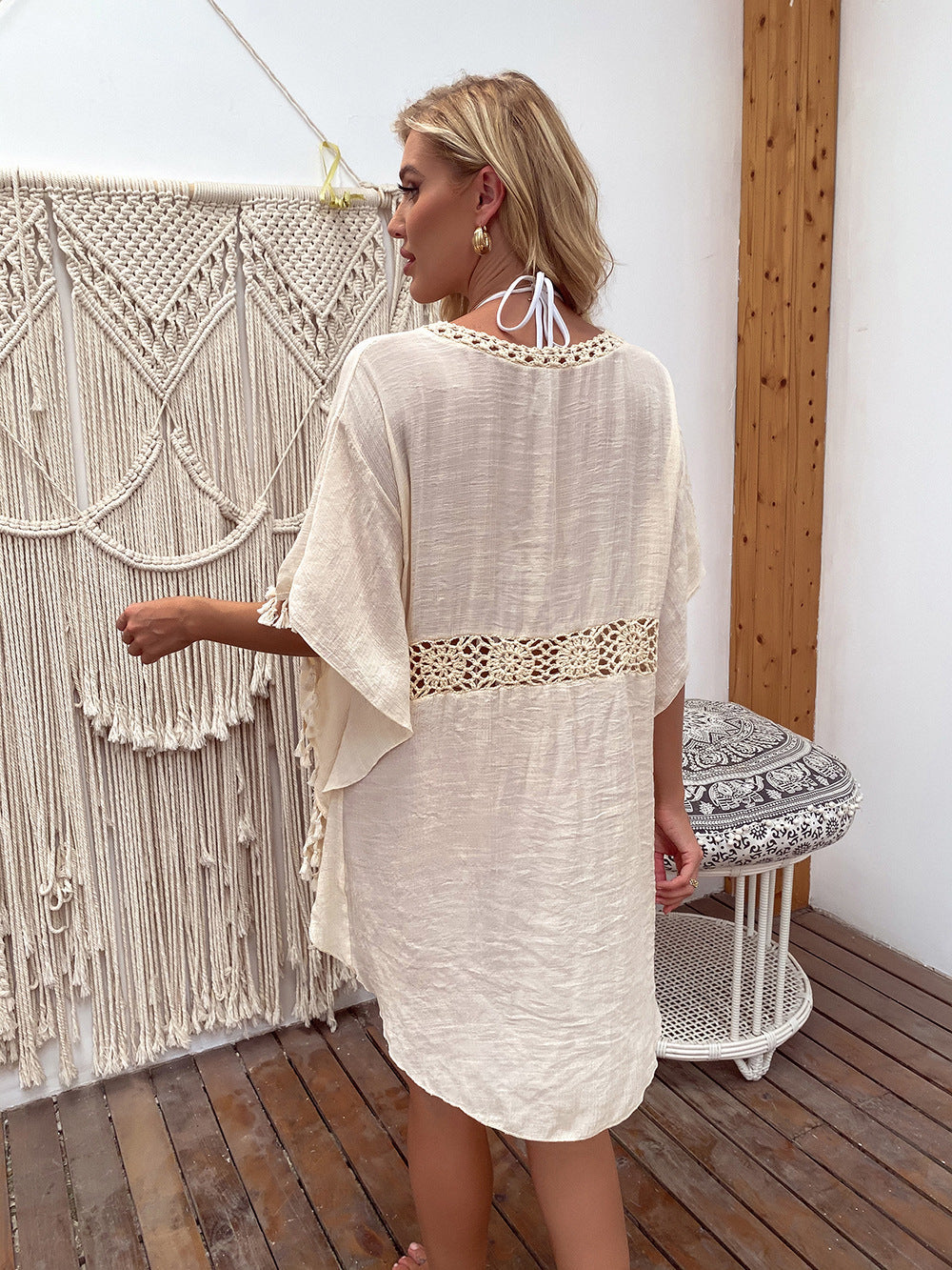 Damen Outdoor Kleidung Handgehäkelte Quaste Sexy Midi-Kleid Lockerer Sonnen-Strandschutz