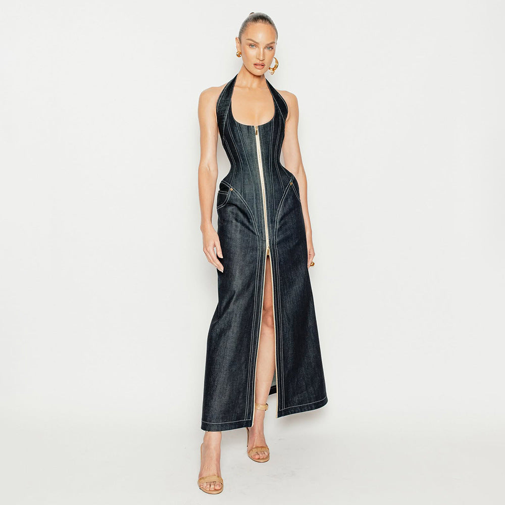 Robe fourreau d'été en jean, élégante, de couleur unie, sans manches, dos nu, coupe ajustée, à col halter