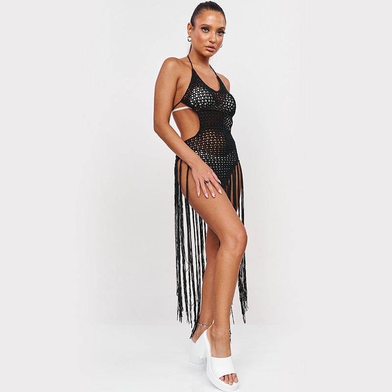 Robe de plage sexy en crochet faite main, une pièce, avec pompons, dos nu, cache-maillot de bain, protection solaire