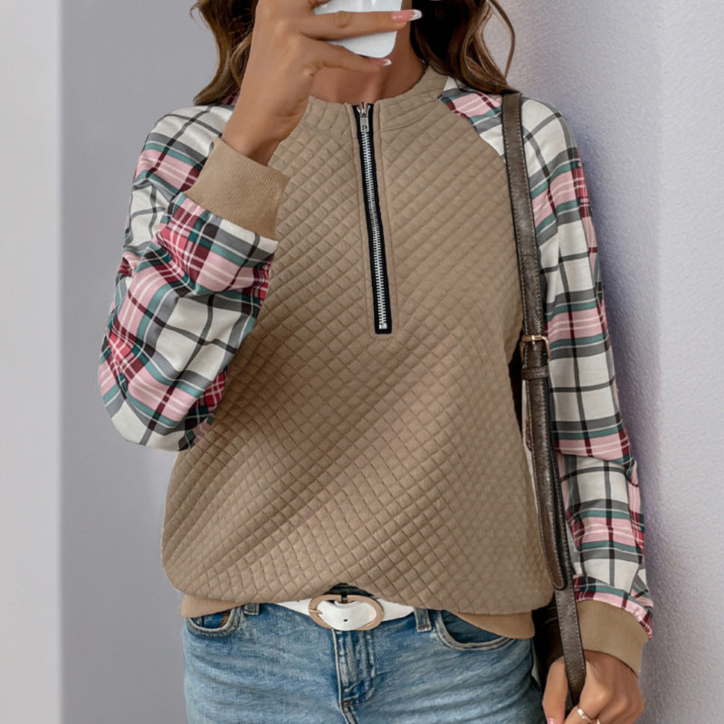 Cardigan décontracté rétro à fermeture éclair, motif écossais, losanges, patchwork, en tissu molletonné