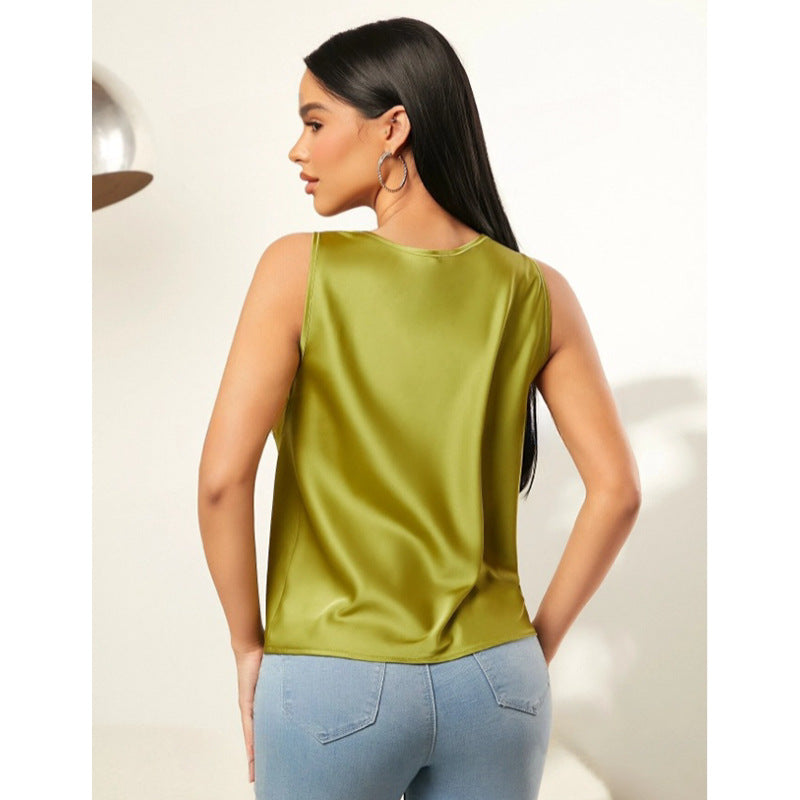 Chemisier femme sans manches en satin d'été, col ras du cou, couleur unie