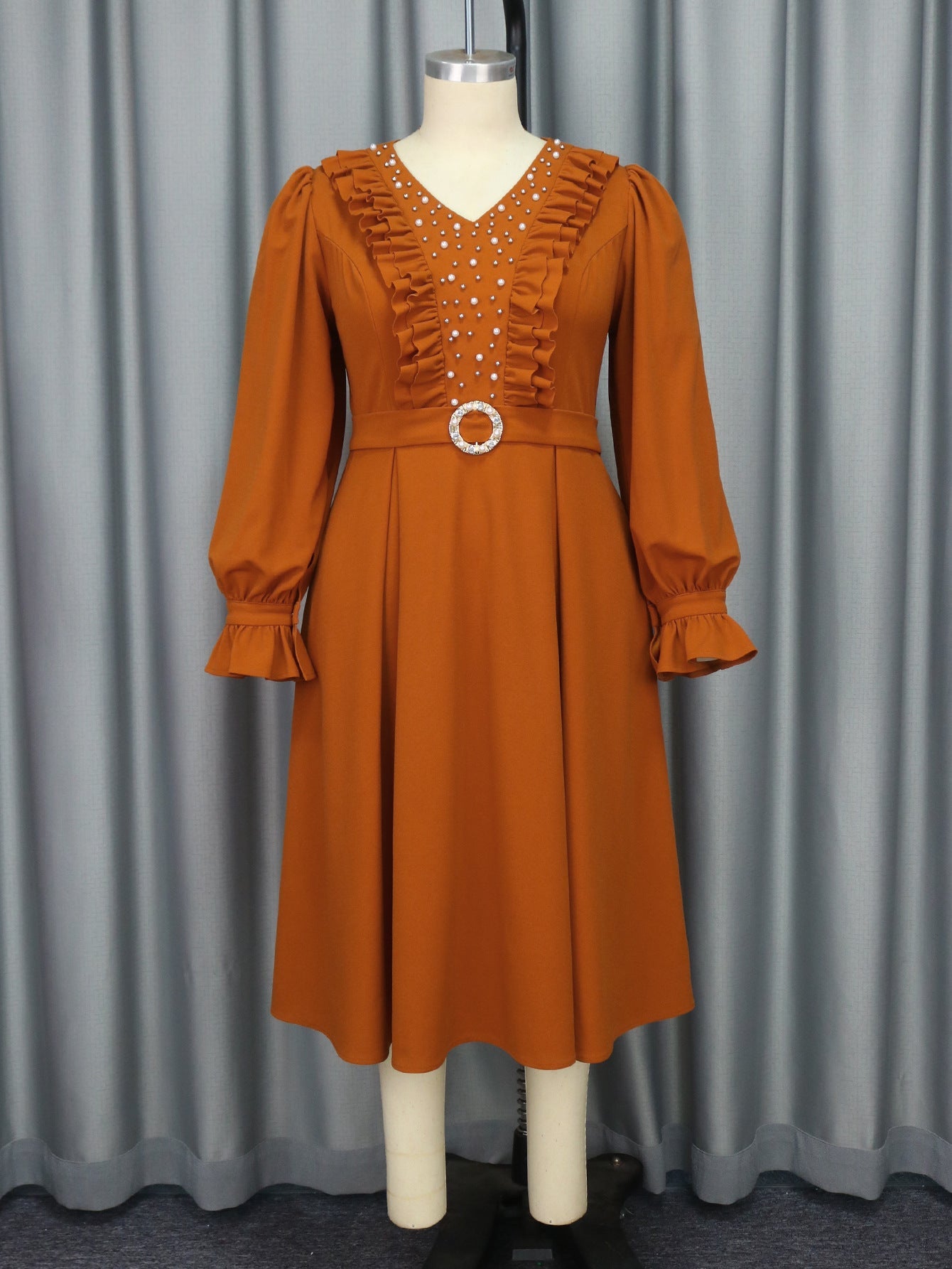 Damen V-Ausschnitt Laternenärmel Stringy Selvedge Kleid Abendparty Perlenkleid