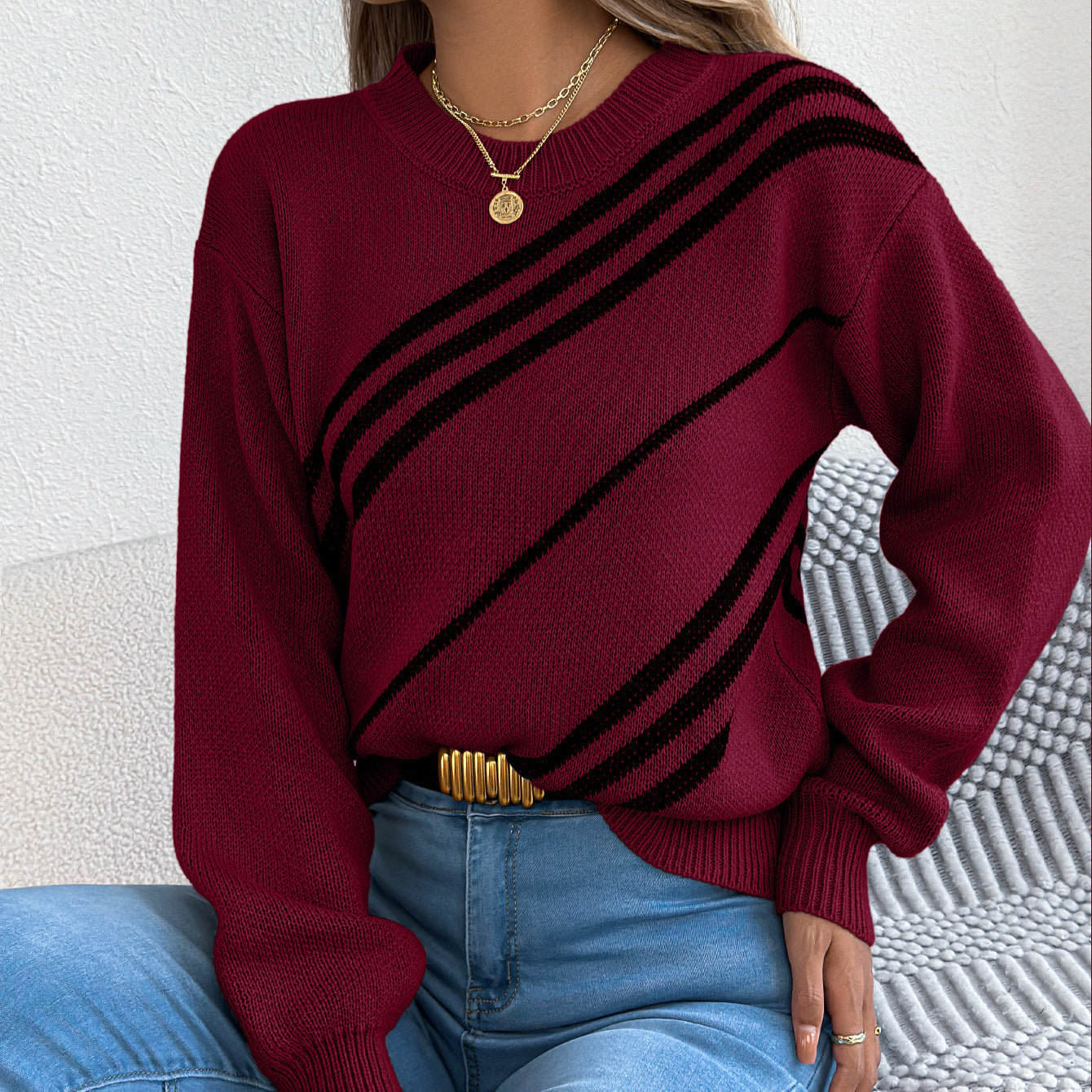 Vêtements pour femmes Automne Hiver Décontracté Rayé Col rond Manches longues Lanterne Pull
