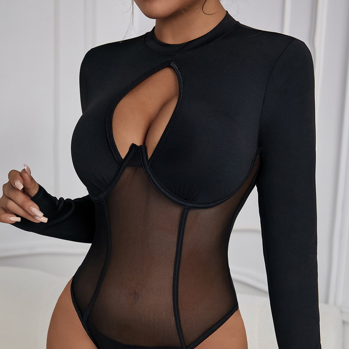 Combinaison Push-Up Intégrée Dos Nu Col Rond Évidée Découpe Maille Sexy Coupe Ajustée Patchwork