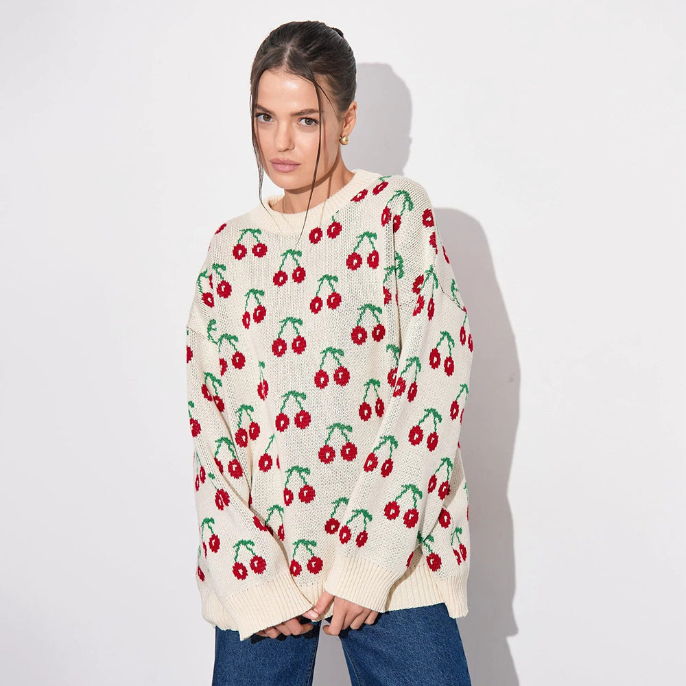 Pull imprimé cerises décontracté en tricot lâche, pull doux cerise automne hiver