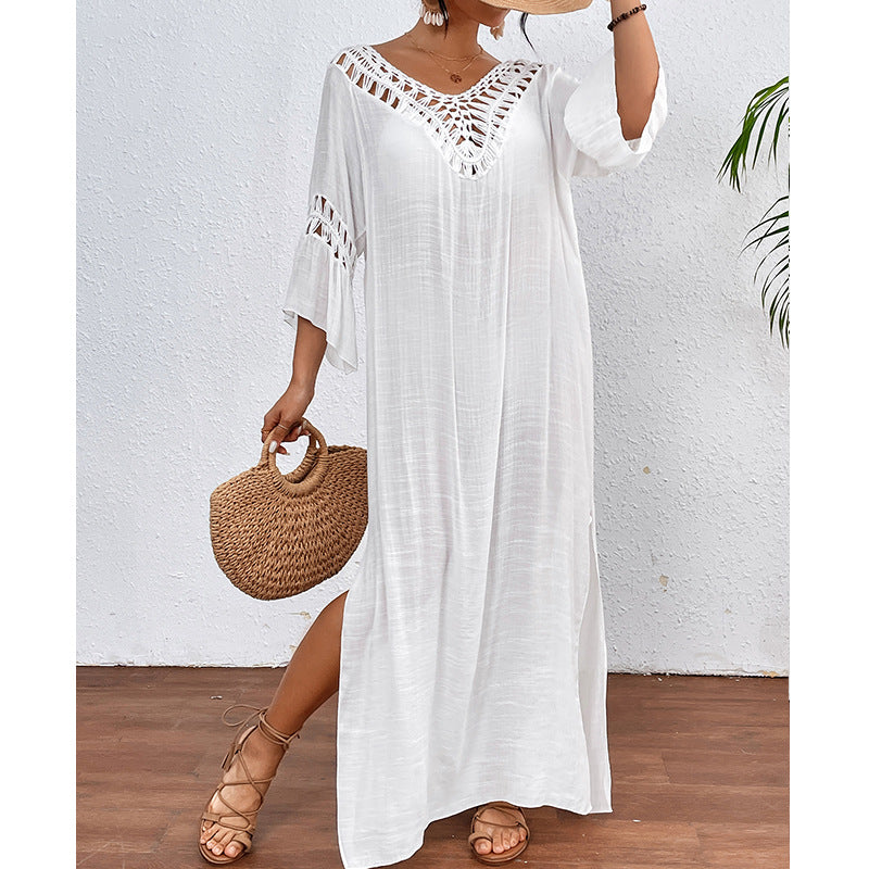 Vêtements pour femmes Tricot manuel au crochet Couture Balle colorée Sexy Creux Dos nu Lâche Longue surjupe de plage