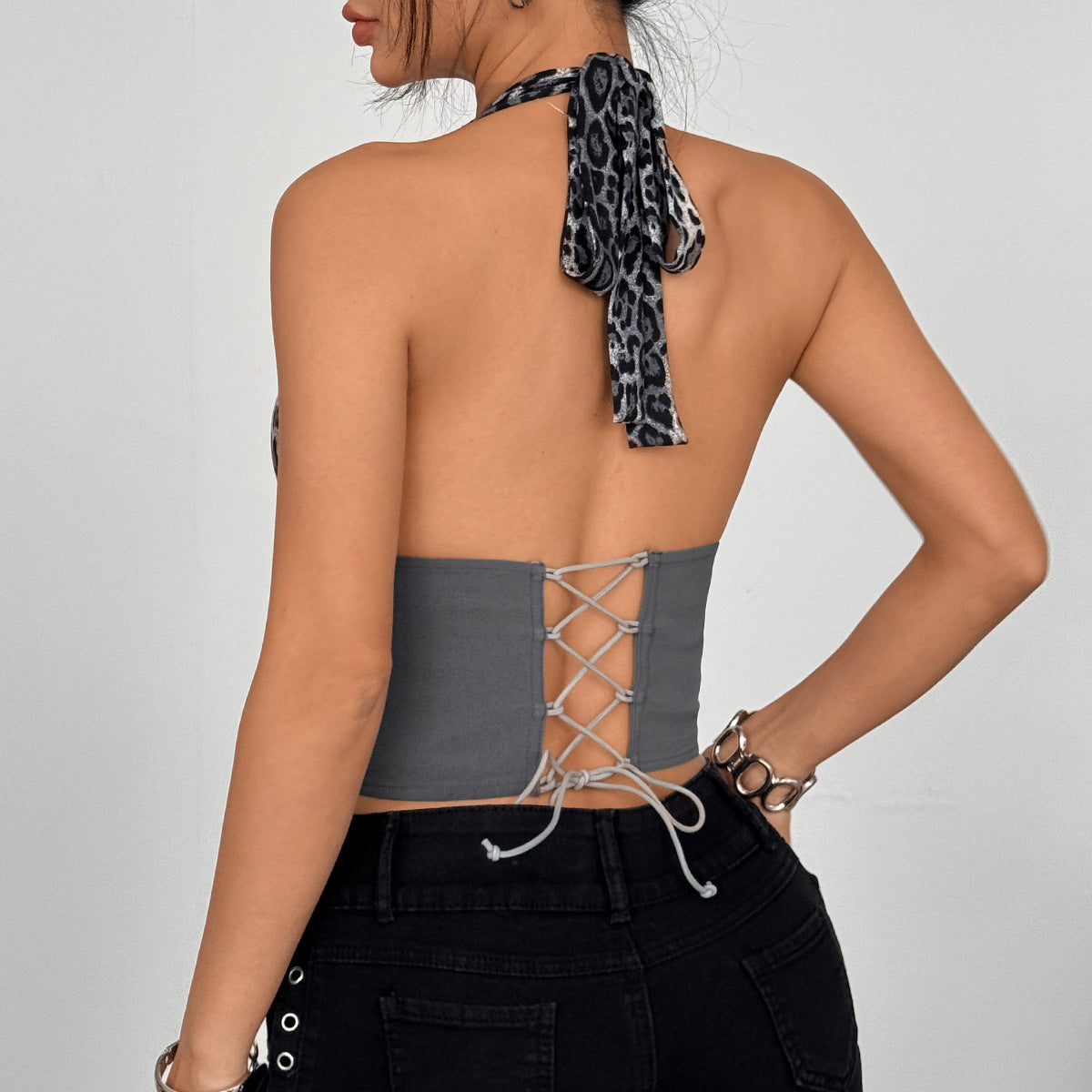 Sexy Leopard Splicing Sexy Neckholder Tiefer V-Ausschnitt Korsett mit Stäbchen Innenknopf Slim Fit Tank Top Damen