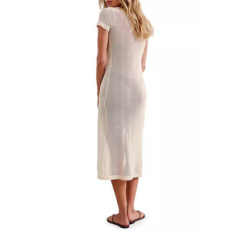 Robe de Plage d'Été Femme Couleur Unie Sexy Creux Découpé Maillot de Bain Bikini Cache-maillot Vêtement de Protection Solaire