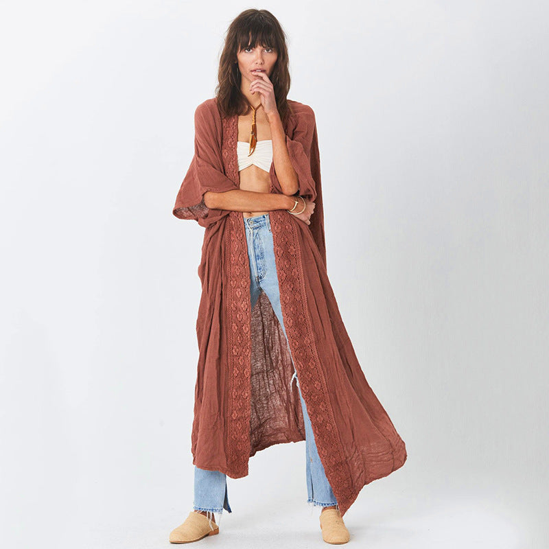 Rostrote Spitzen-Strickjacke Lockerer Strand-Sonnenschutzmantel Strandüberwurf Badeanzug Oberbekleidung Damen