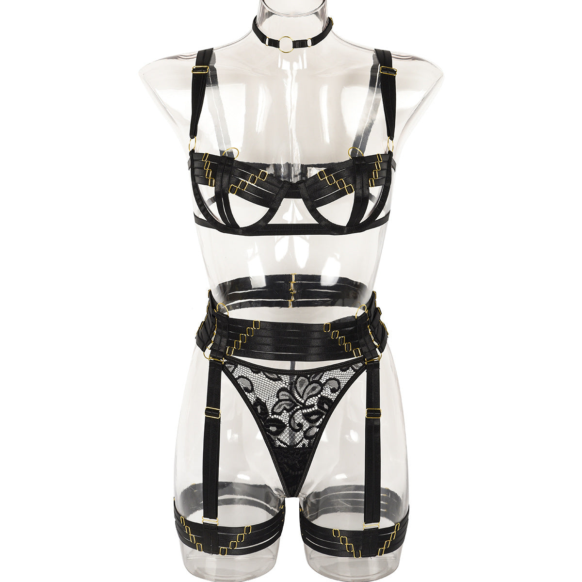 Ensemble sexy quatre pièces, artisanat complexe et sophistiqué, sous-vêtements à bretelles multiples ornés de surpiqûres.