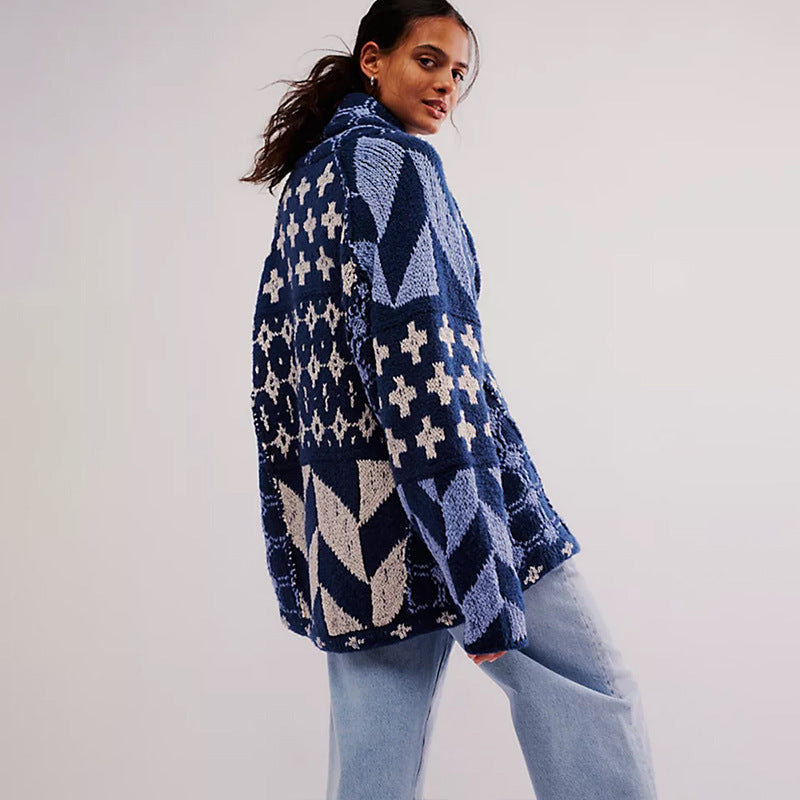 Pull tricoté ample à col et manches longues avec imprimé abstrait Automne Hiver pour femme