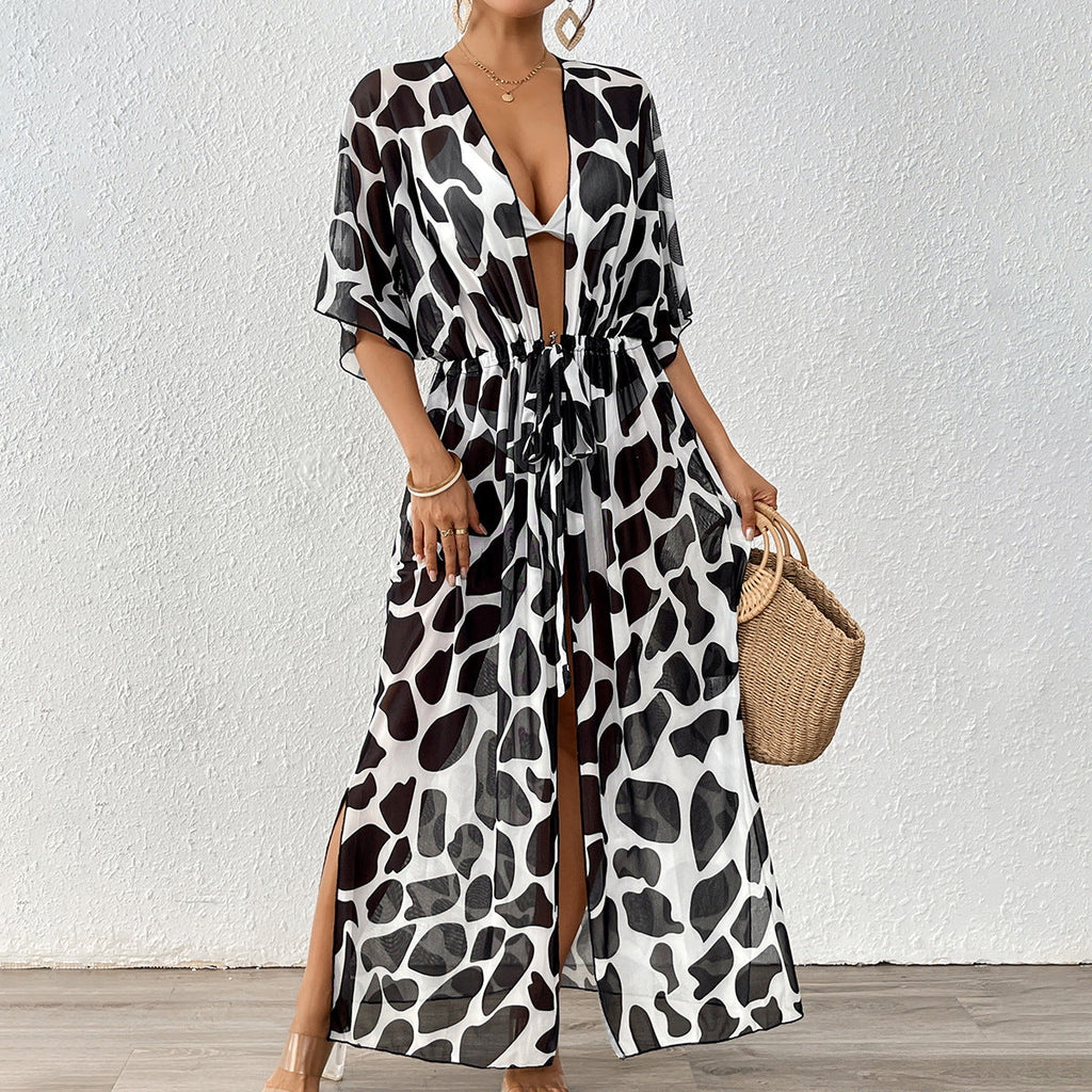 Cardigan Femme Vêtements Femme Manches Chauve-souris Taille Nouée Imprimé Léopard Mesh Plage Cache-maillot de plage